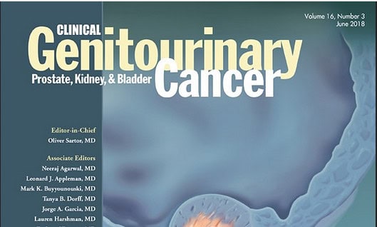 Cover of "Clinical Genitourinary Cancer" journal, Volume 16, Number 3, June 2018. Features a list of editors and a close-up medical illustration, possibly of the bladder or related organs. Also explores topics like pain management NYC and physical therapy NYC in its articles.