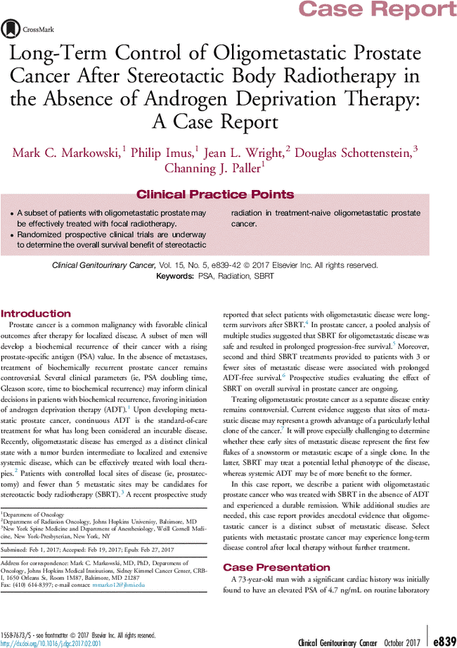 Academic article titled "Long-Term Control of Oligometastatic Prostate Cancer After Stereotactic Body Radiotherapy in the Absence of Androgen Deprivation Therapy: A Case Report," exploring innovative approaches akin to advanced physical therapy NYC, with sections for clinical practice points and introduction.